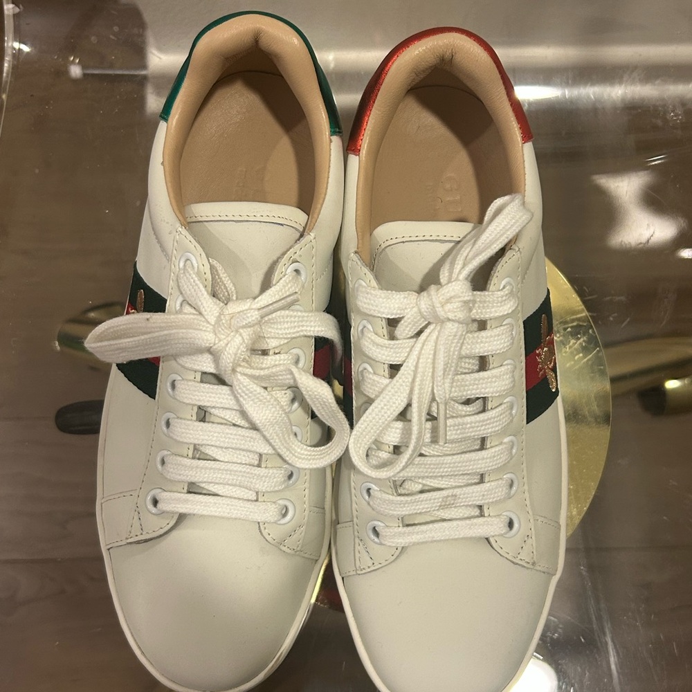 Gucci White Leather Platform Sneakers with Green and Red Web and Gold Bee - Picture 4 of 5